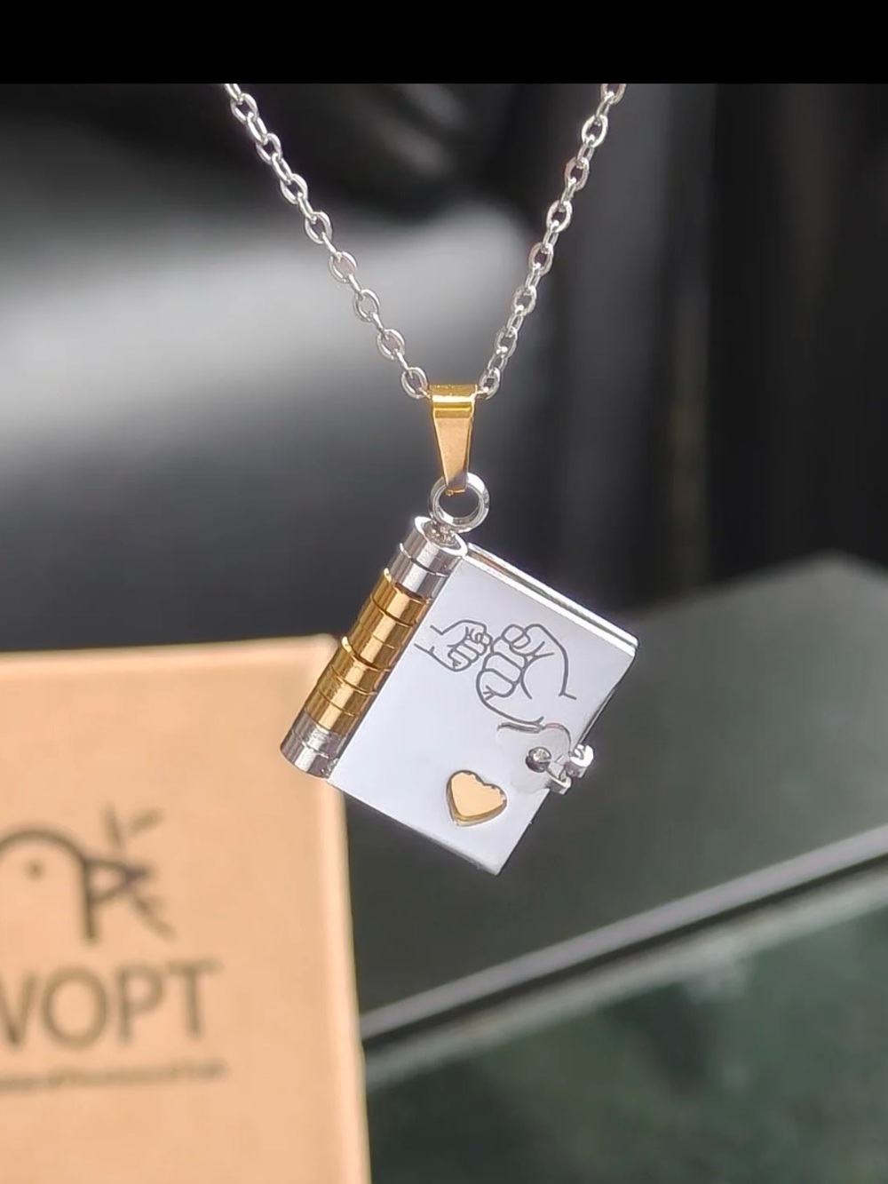 Two-Tone Silver and Gold Book Locket Necklace with Heart Charm - Grandson